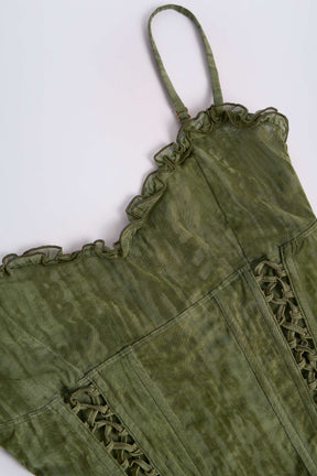 Lace-Up Ruffled Flared Jumpsuit in Green Print