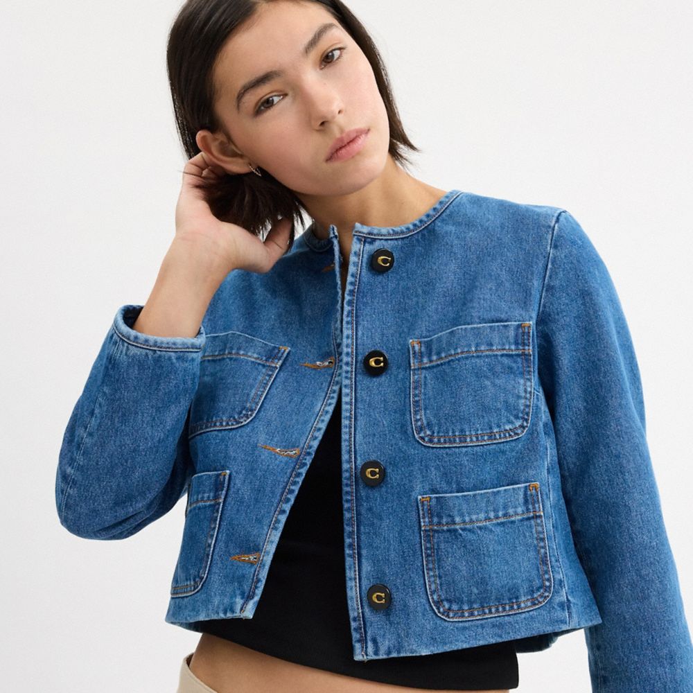 Collarless Denim Jacket In Organic Cotton