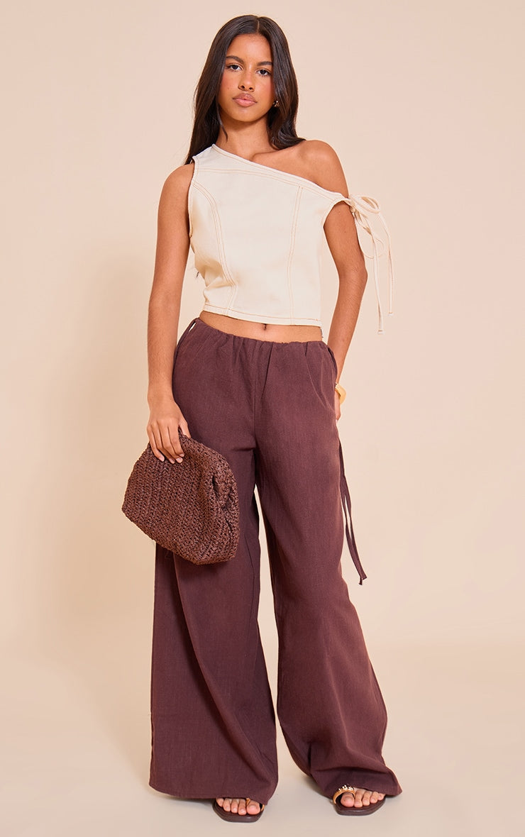 Petite Chocolate Premium Linen Look Wide Leg Side Tie Detail Trousers