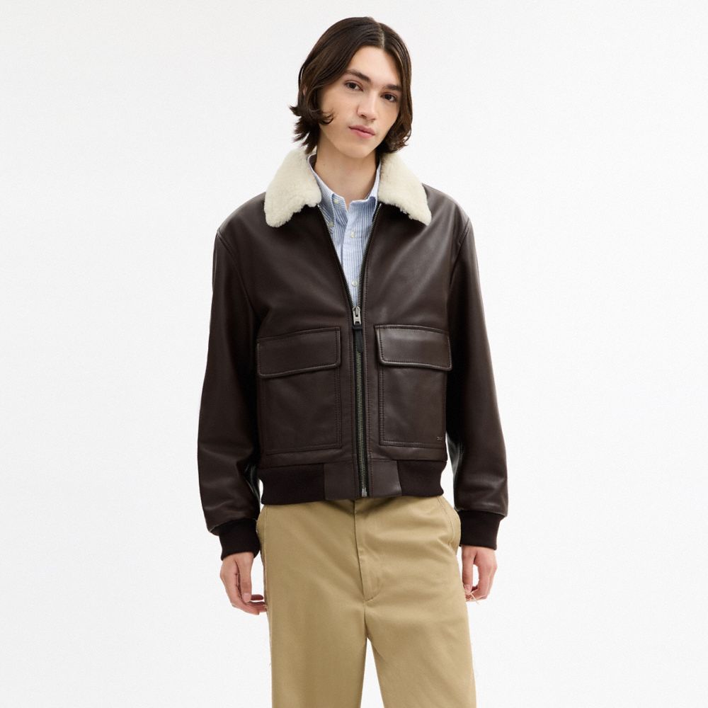 Leather Flight Jacket With Shearling Collar