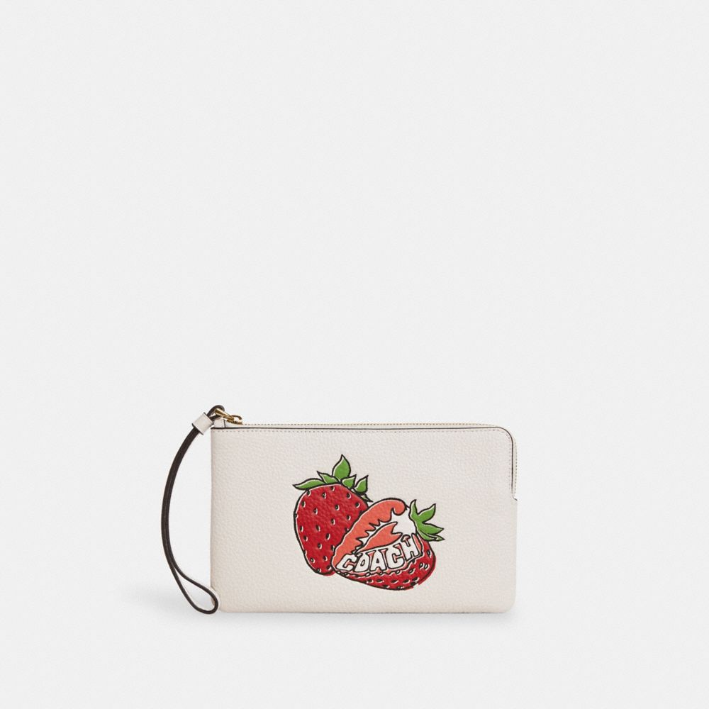 Large Corner Zip Wristlet With Strawberry Graphic