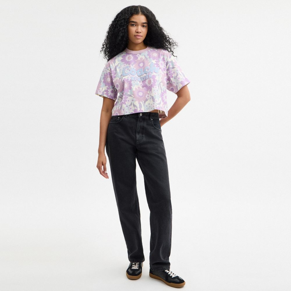 Cursive Coach Floral Cropped T Shirt In Organic Cotton