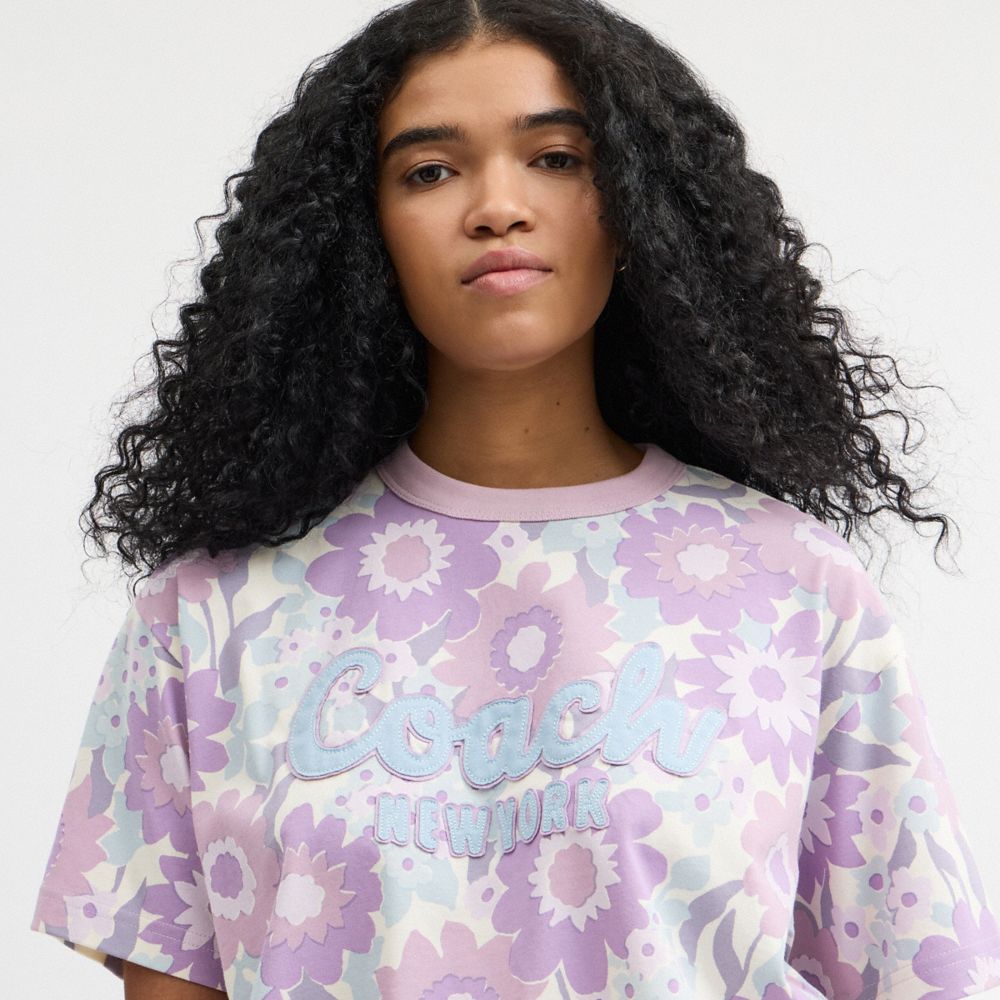 Cursive Coach Floral Cropped T Shirt In Organic Cotton