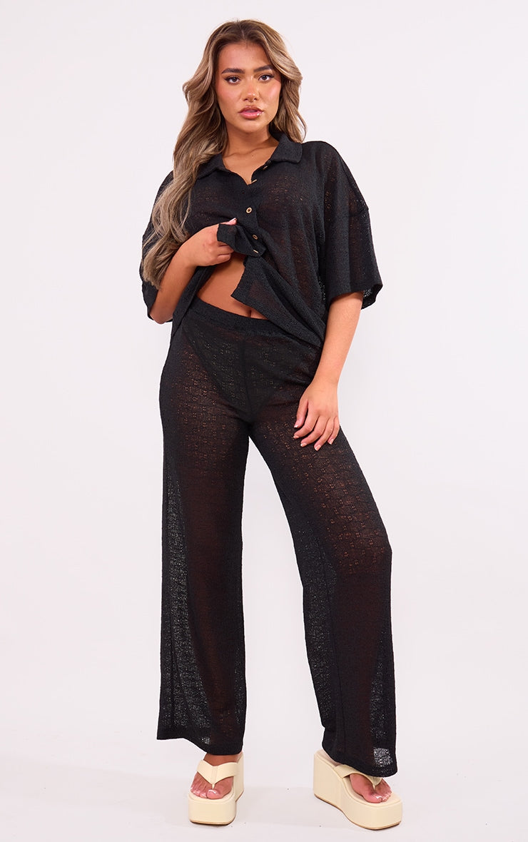 Black Textured Wide Leg Trousers