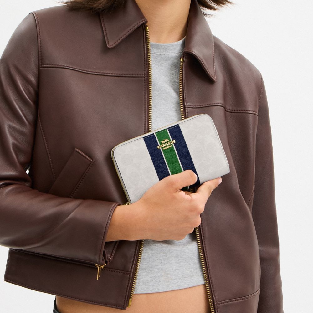 Medium Id Zip Wallet In Signature Canvas With Varsity Stripe