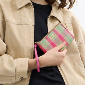 Corner Zip Wristlet With Plaid Print