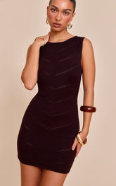 Chocolate Soft Knit Pointelle Detail Boat Neck Mini Dress