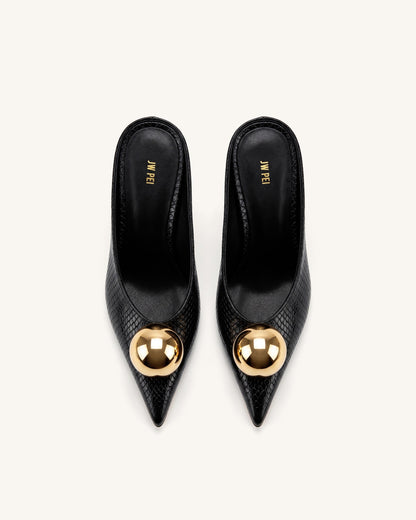 Sofia Angled Vamp Snakeskin Heel Mules - Black