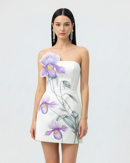 Slipper Orchid Appliqué Mini Dress - Ivory/Peach Pink
