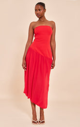 Tomato Red Chiffon Bandeau Balloon Hem Midaxi Dress