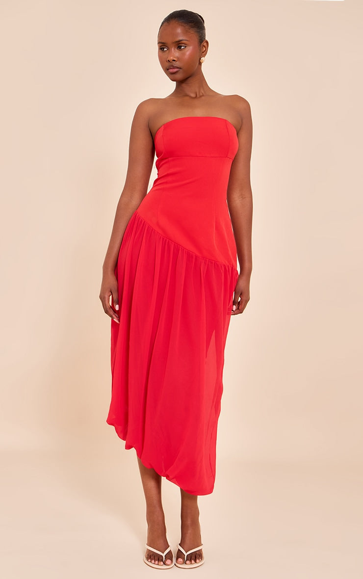 Tomato Red Chiffon Bandeau Balloon Hem Midaxi Dress