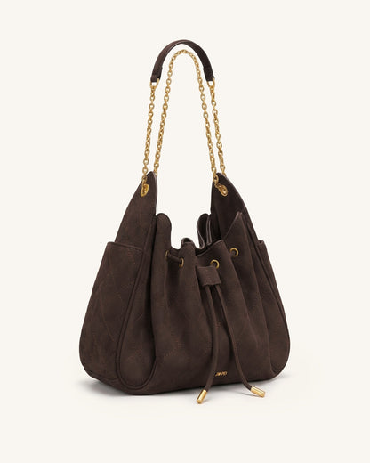 Rowan Faux Suede Quilted Chain Bucket Bag - Dark Brown