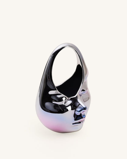 Lillian Face Crescent Top Handle Bag - Silver