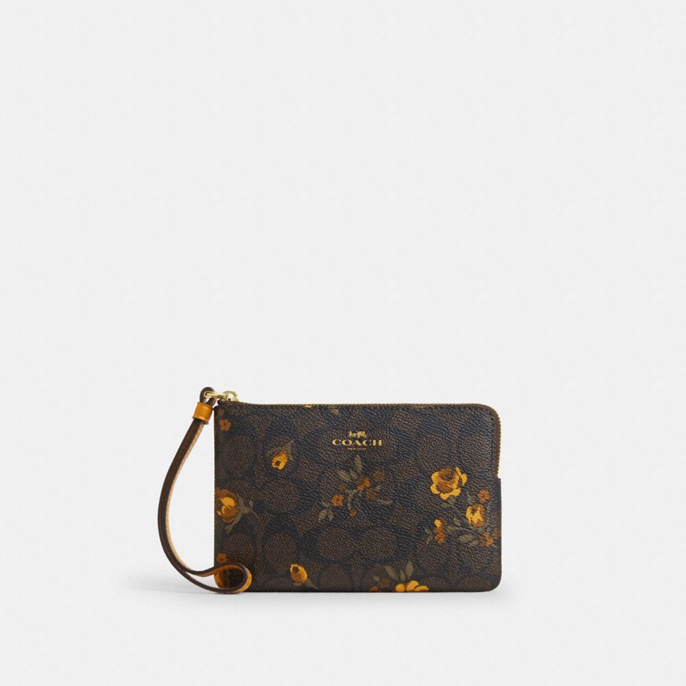 Corner Zip Wristlet In Signature Canvas With Floral Print