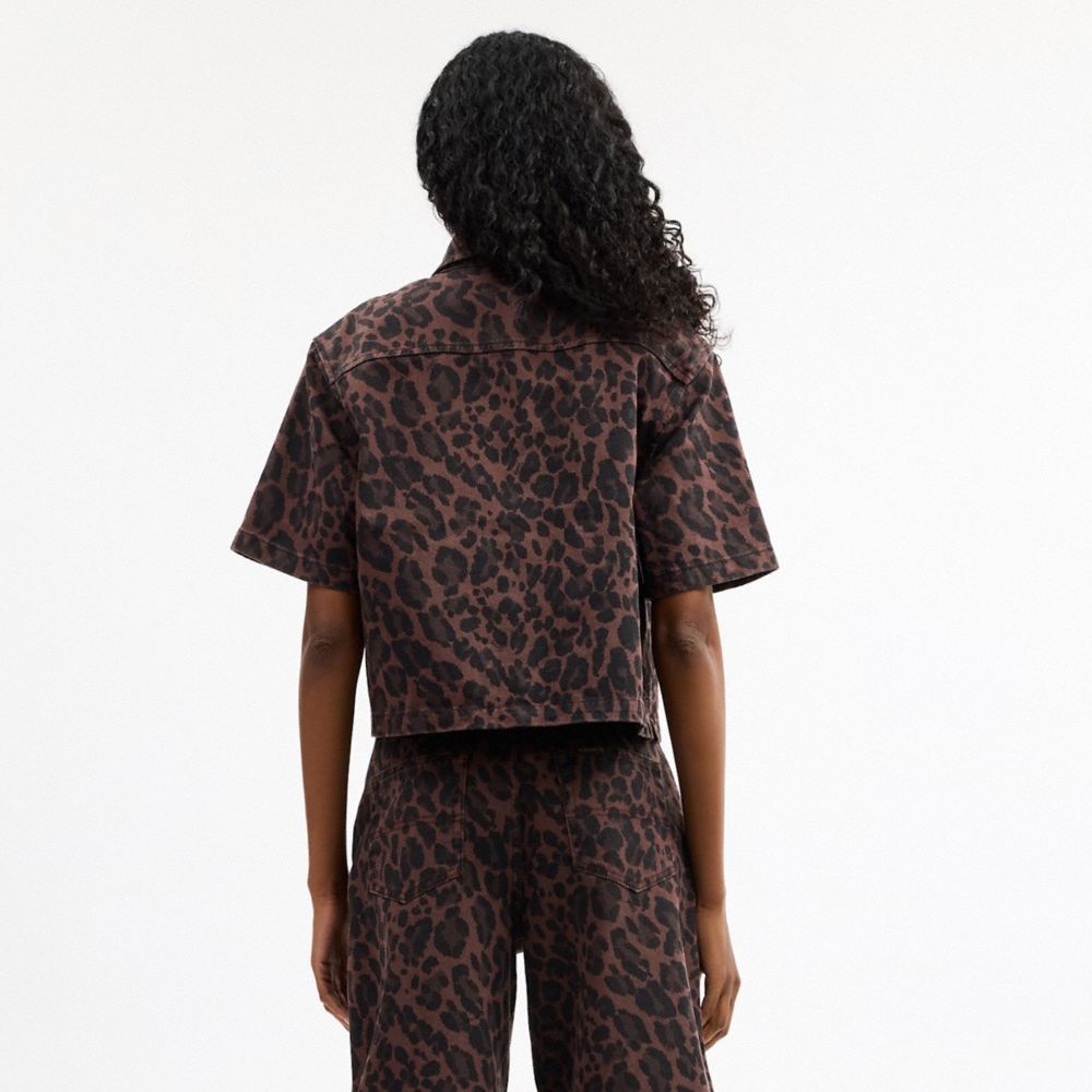 Leopard Print Denim Short Sleeve Top