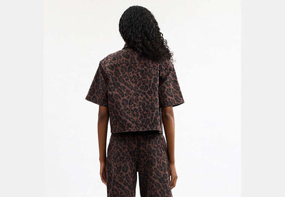 Leopard Print Denim Short Sleeve Top