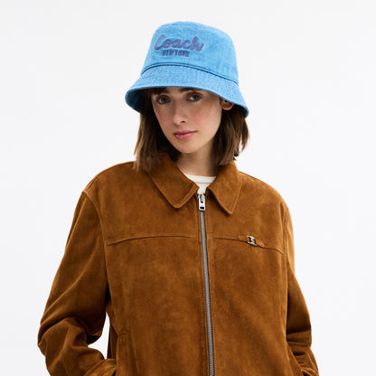 Coach Script Embroidered Denim Bucket Hat