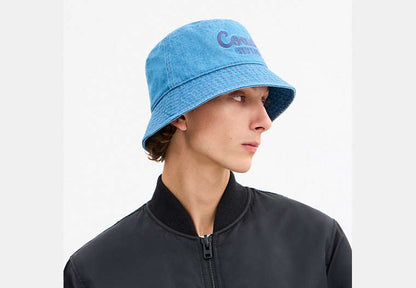 Coach Script Embroidered Denim Bucket Hat