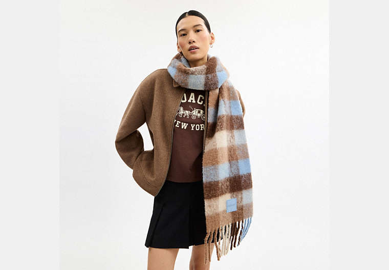Oversized Plaid Muffler With Rubber Patch
