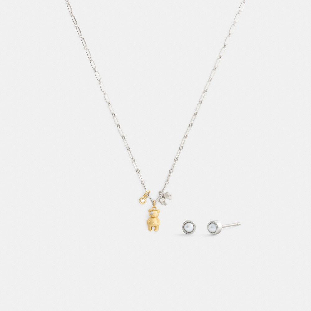 Teddy Bear And Bow Earrings And Necklace Set