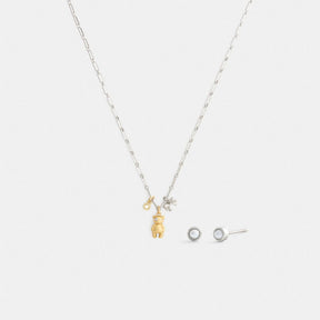 Teddy Bear And Bow Earrings And Necklace Set