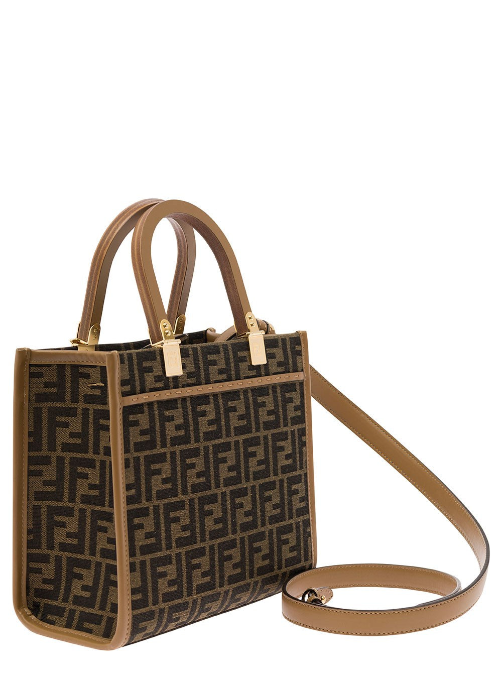Fendi 'Sunshine Small' Brown Tote Bag with Logo in FF Jacquard Canvas and Leather Woman