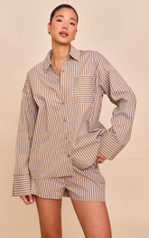 Olive Woven Pinstripe Balloon Sleeve Oversized Shirt