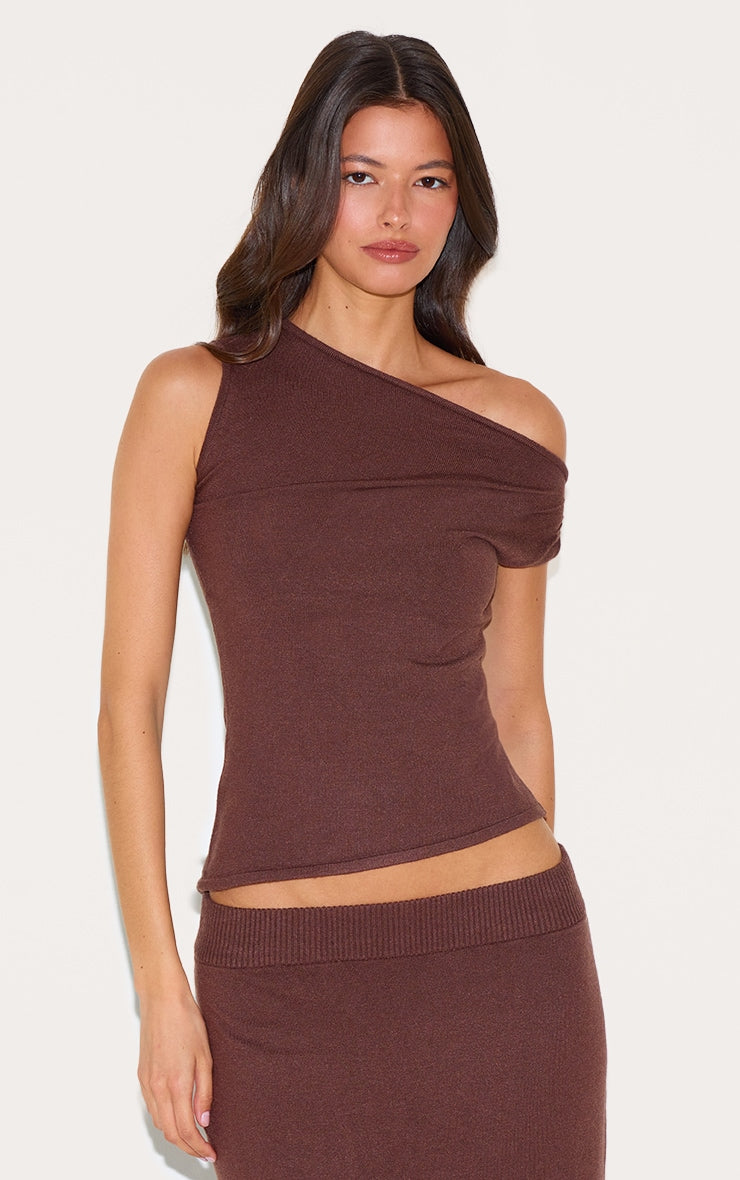 Chocolate Basic Knit Asymmetric Twist Sleeve Vest Top