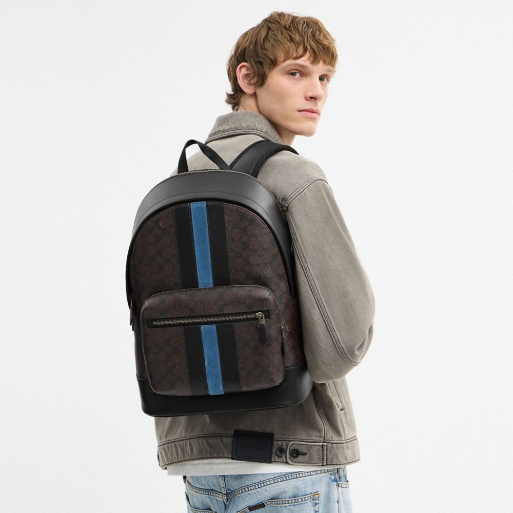 West Backpack In Signature Canvas With Varsity Stripe