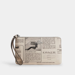 Large Corner Zip Wristlet With Newspaper Print