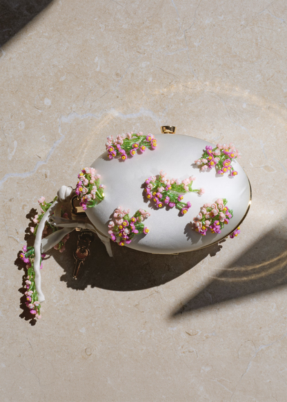 Cream Satin Pink Floral Beaded Oval Clutch