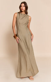 Khaki Textured Boat Neck Maxi Dress