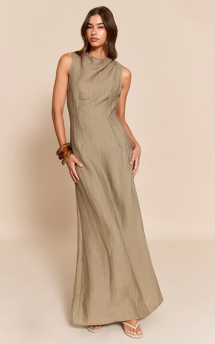 Khaki Textured Boat Neck Maxi Dress