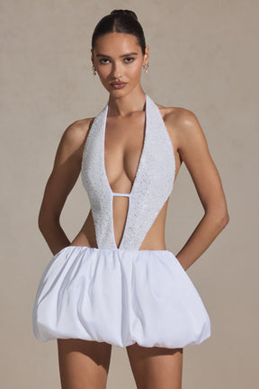 Embellished Cut-Out Bubble Hem Mini Dress in White