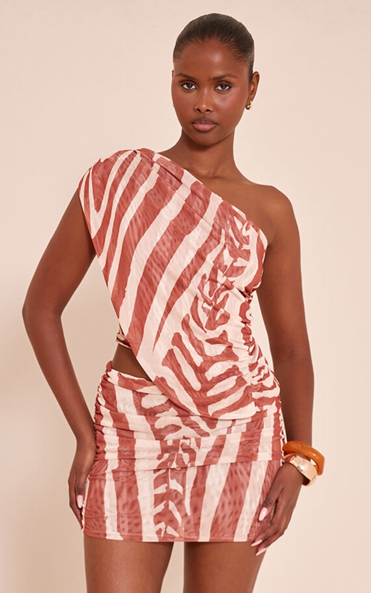 Brown Zebra Print Mesh One Shoulder Ruched Top