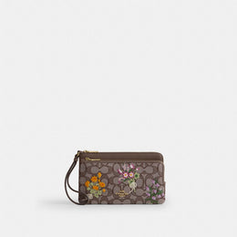 Double Zip Wristlet In Signature Jacquard With Floral Embroidery