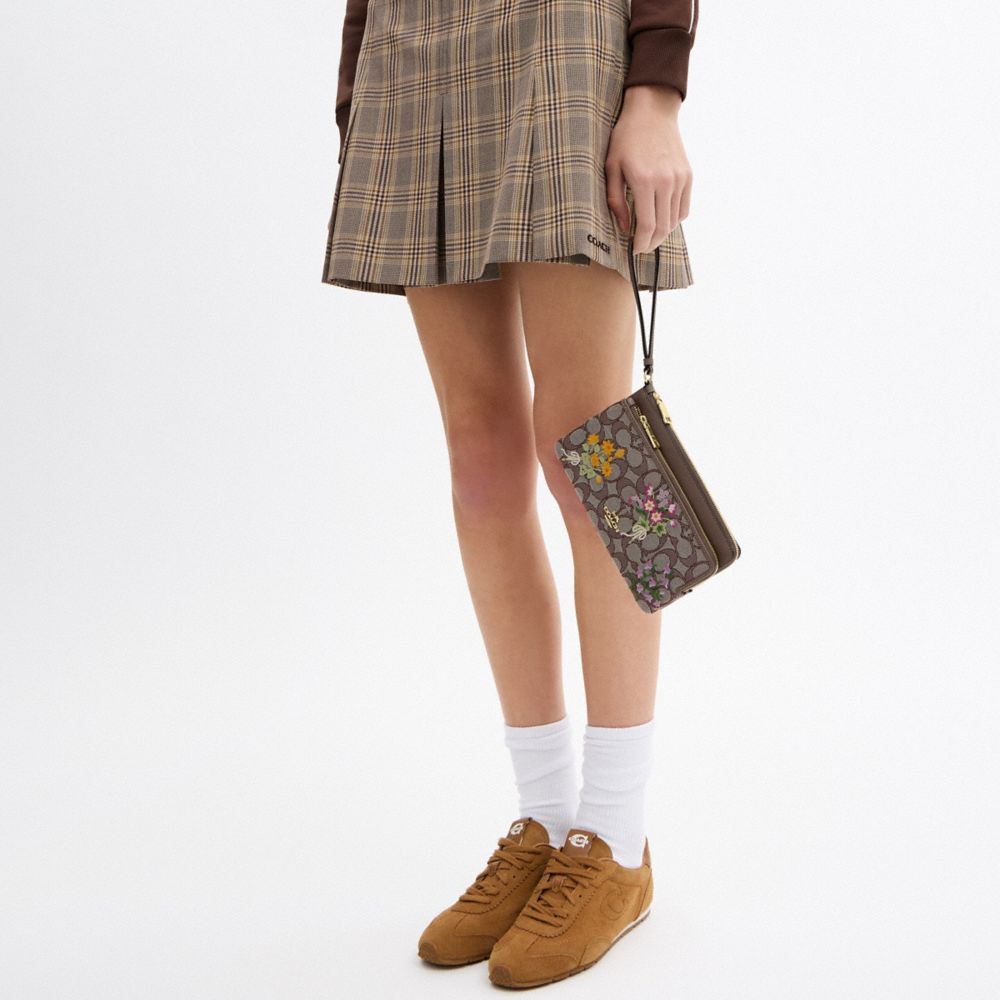 Double Zip Wristlet In Signature Jacquard With Floral Embroidery