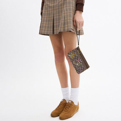 Double Zip Wristlet In Signature Jacquard With Floral Embroidery
