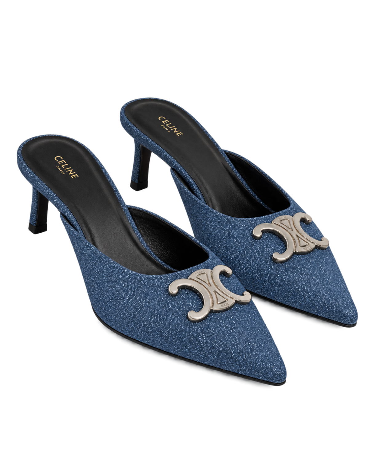 Celine Alma Triomphe Mules in Blue Denim