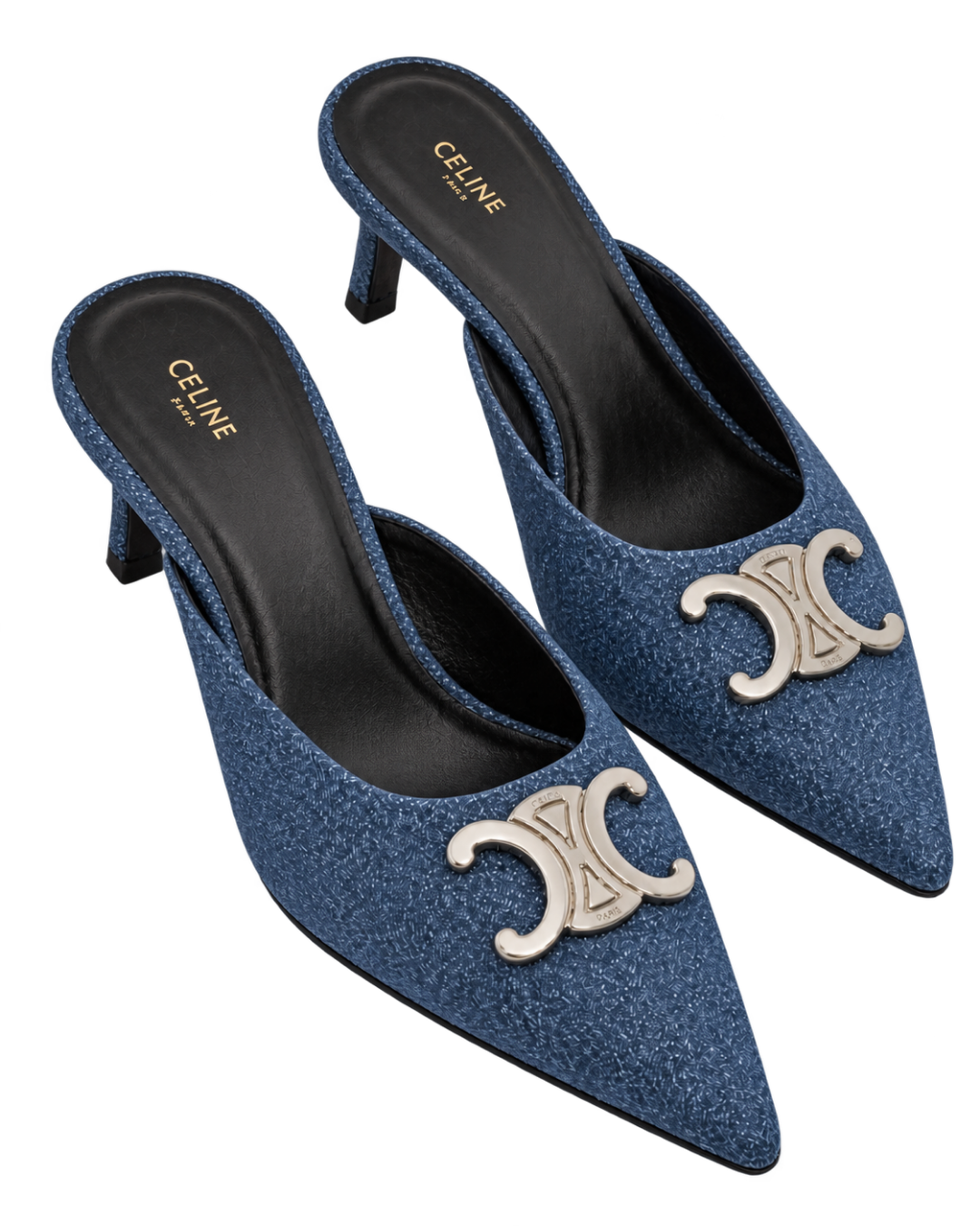Celine Alma Triomphe Mules in Blue Denim