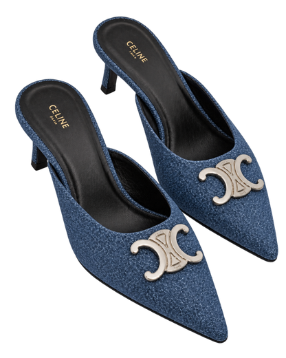Celine Alma Triomphe Mules in Blue Denim