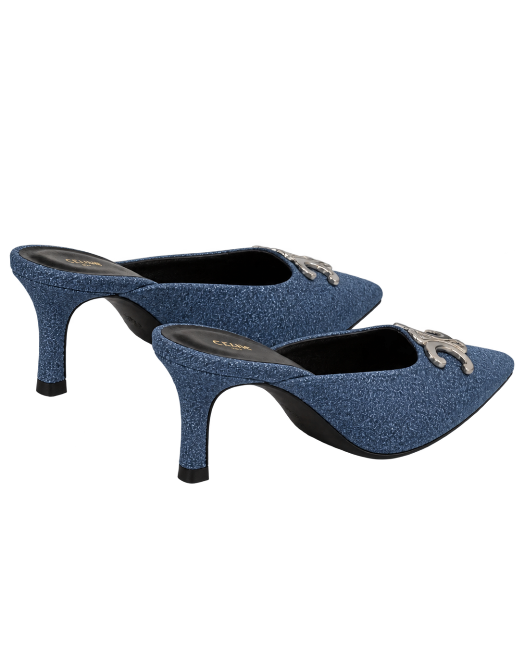 Celine Alma Triomphe Mules in Blue Denim