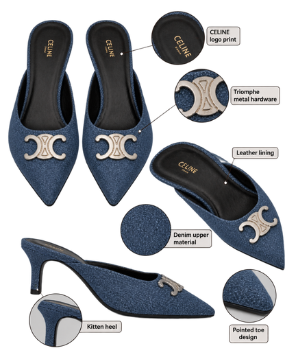 Celine Alma Triomphe Mules in Blue Denim