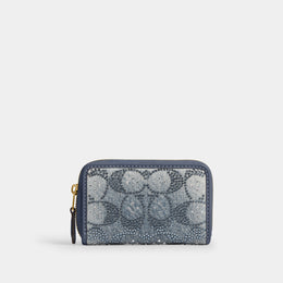 Essential Small Zip Around Card Case In Regenerative Cotton Denim With Crystal Signature