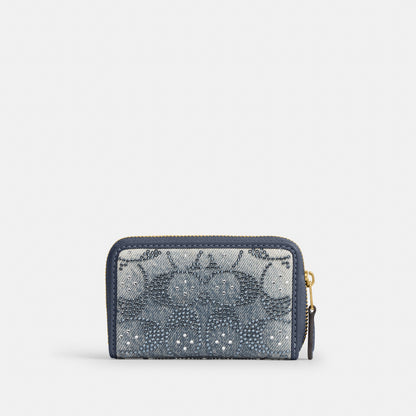 Essential Small Zip Around Card Case In Regenerative Cotton Denim With Crystal Signature