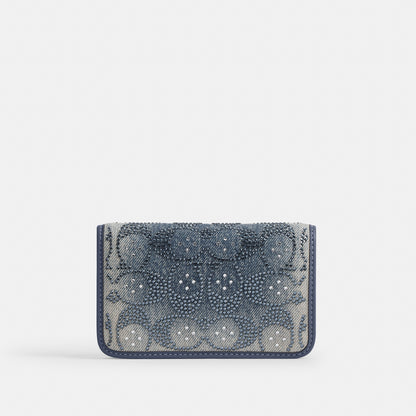 Essential Slim Card Case In Regenerative Cotton Denim With Crystal Signature