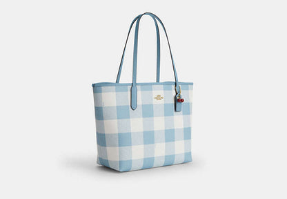City Tote Bag With Gingham Print And Charm