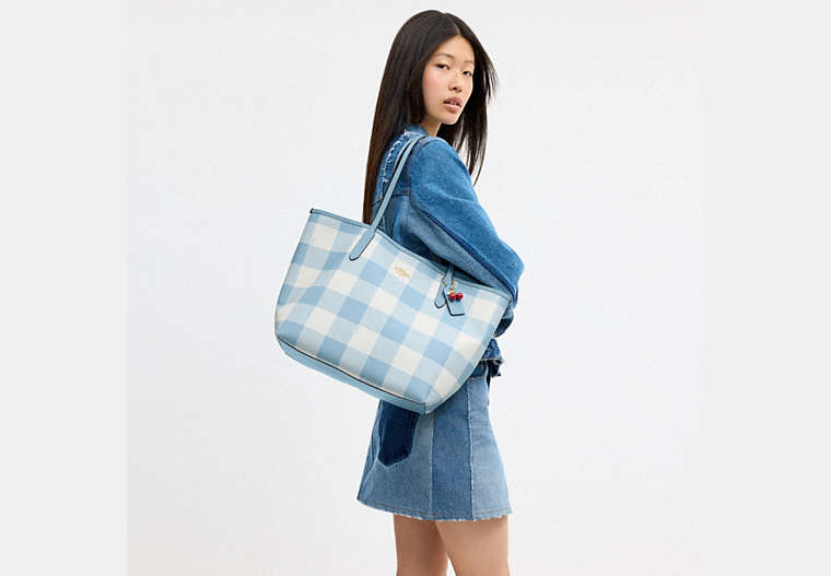 City Tote Bag With Gingham Print And Charm