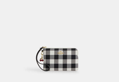 Corner Zip Wristlet With Gingham Print And Charm