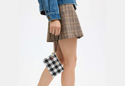 Corner Zip Wristlet With Gingham Print And Charm